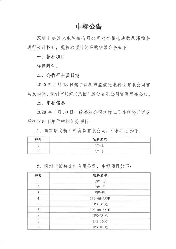 盛波公司中標公告-老坑倉庫物料